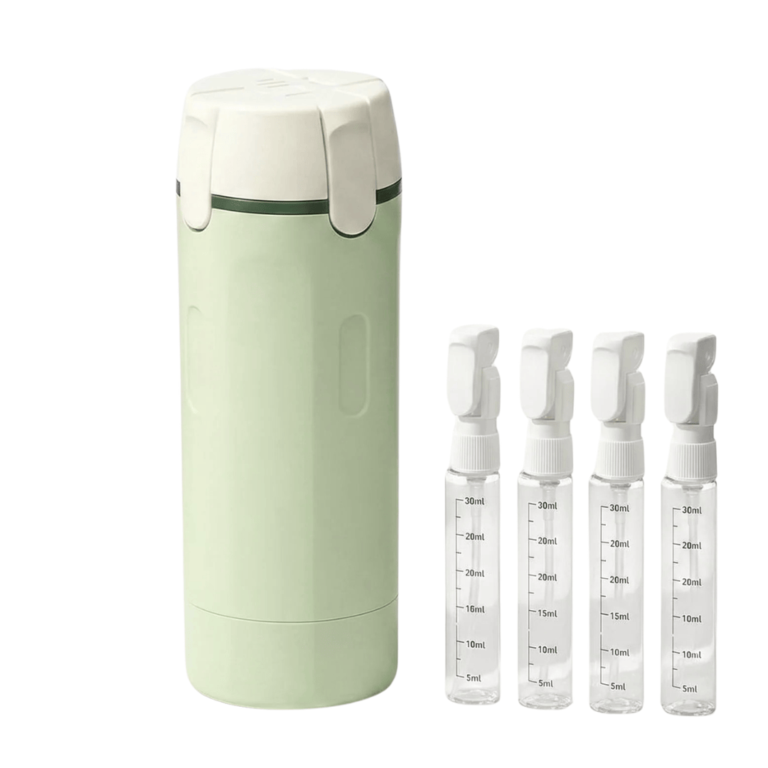 Tavelfill 4-in-1 Travel Dispenser Bottle for Toiletries - Refillable, Leak Proof, Portable Containers for Shampoo Lotion Conditioner Cream - Transparent with Scale and Label - for Business Trips Gym