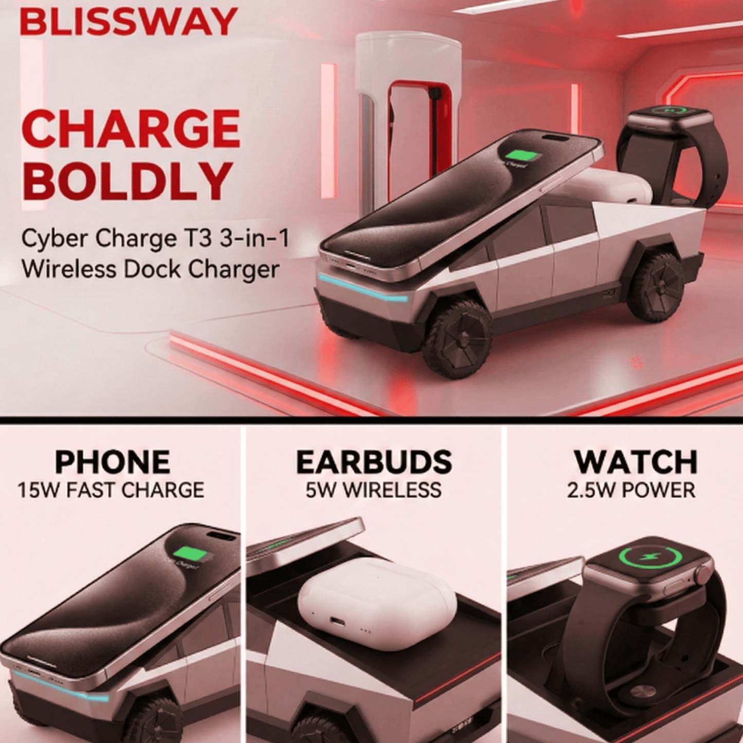 Cyber Charge T3 3-in-1 Wireless Dock Charger