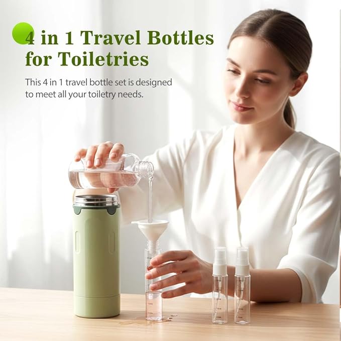 Tavelfill 4-in-1 Travel Dispenser Bottle for Toiletries - Refillable, Leak Proof, Portable Containers for Shampoo Lotion Conditioner Cream - Transparent with Scale and Label - for Business Trips Gym