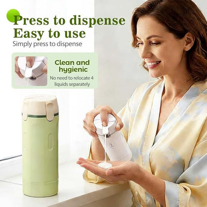 Tavelfill 4-in-1 Travel Dispenser Bottle for Toiletries - Refillable, Leak Proof, Portable Containers for Shampoo Lotion Conditioner Cream - Transparent with Scale and Label - for Business Trips Gym