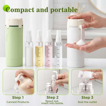 Tavelfill 4-in-1 Travel Dispenser Bottle for Toiletries - Refillable, Leak Proof, Portable Containers for Shampoo Lotion Conditioner Cream - Transparent with Scale and Label - for Business Trips Gym