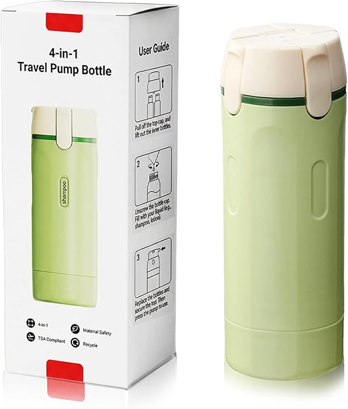 Tavelfill 4-in-1 Travel Dispenser Bottle for Toiletries - Refillable, Leak Proof, Portable Containers for Shampoo Lotion Conditioner Cream - Transparent with Scale and Label - for Business Trips Gym