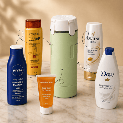 Tavelfill 4-in-1 Travel Dispenser Bottle for Toiletries - Refillable, Leak Proof, Portable Containers for Shampoo Lotion Conditioner Cream - Transparent with Scale and Label - for Business Trips Gym